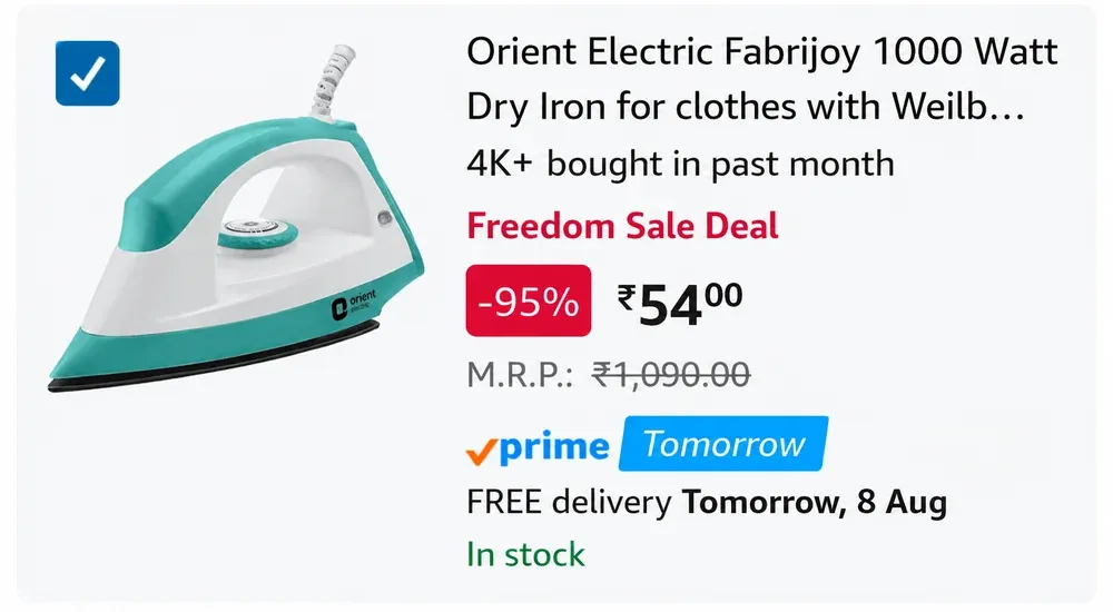 Historical Amazon offer screenshot showing Orient Electric dry iron at ₹54