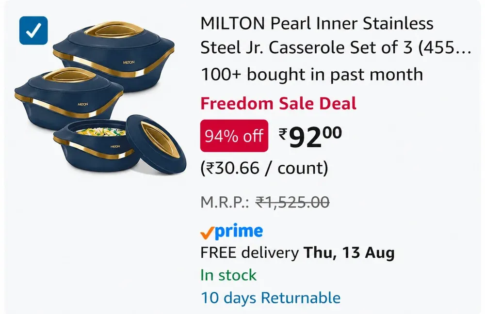Historical Amazon offer screenshot showing Milton casserole set at ₹92