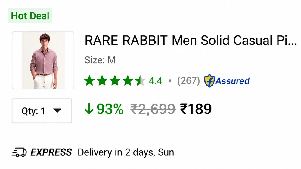 Historical Flipkart screenshot showing Rare Rabbit shirt priced at ₹189