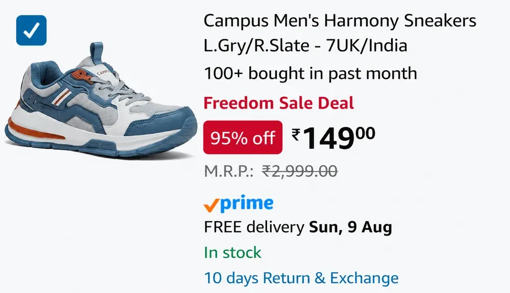Historical Amazon deal screenshot showing Campus sneakers at ₹149
