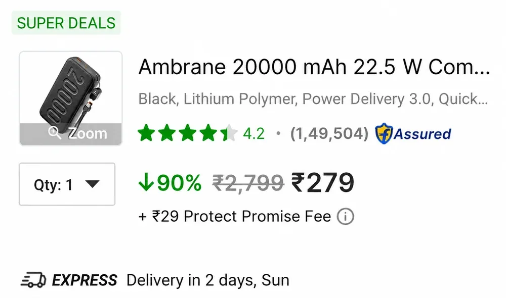 Historical Flipkart offer screenshot showing Ambrane power bank at ₹279