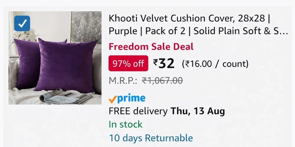 Historical Amazon deal screenshot showing cushion covers at ₹32