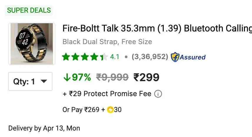Historical Flipkart offer screenshot showing Fire-Boltt smartwatch at ₹299